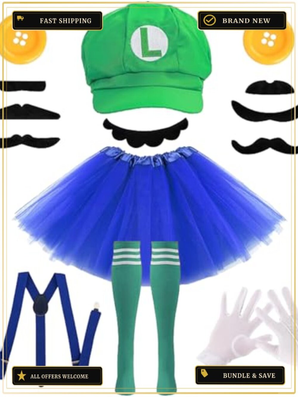 7 Pc Halloween Cosplay Costume Set Plumber Tutu Hat Accessories for Women